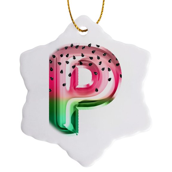 3drose, Cute Watermelon Image of Balloon Monogram Initial P, 3 inch Snowflake Porcelain Ornament