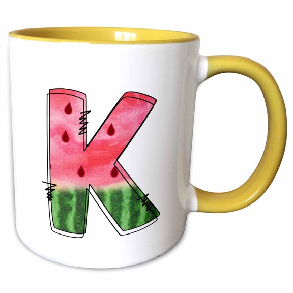 3drose, Cute Watermelon Monogram K, 11oz Two-tone Yellow Mug