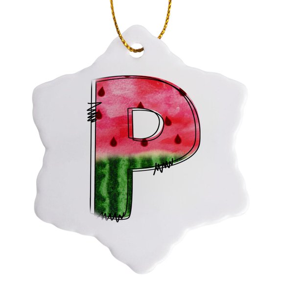 3drose, Cute Watermelon Monogram P, 3 inch Snowflake Porcelain Ornament