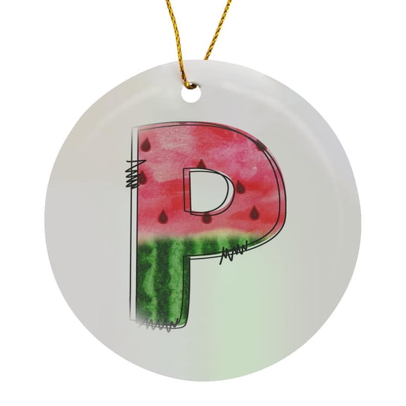 3drose, Cute Watermelon Monogram P, Circle Porcelain Ornament