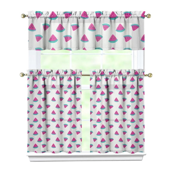 Cute Watermelon Print Kitchen Curtains Set Tier and Valance, Tropical Summer Fruit Pattern, Fresh Sunshine and Beach Theme Drapes for Kitchen or Small Balcony
