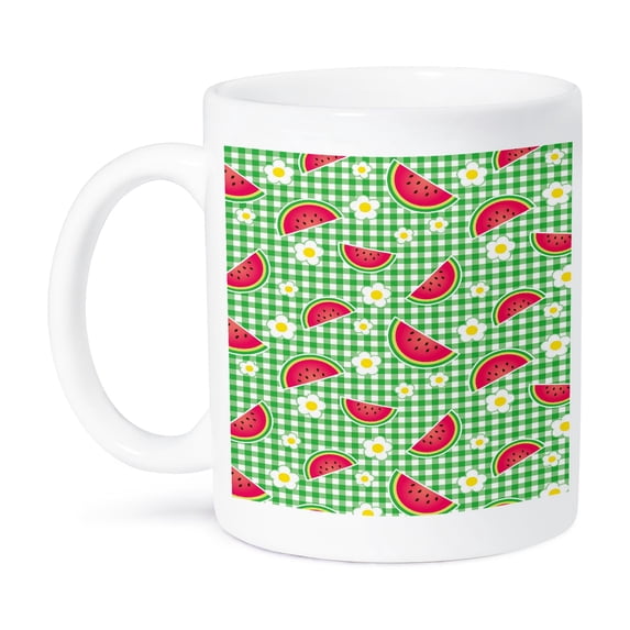 3dRose, Cute Watermelon Slices and White and Yellow Daisy Flowers on Green White Gingham Plaid Pattern, 11oz Mug