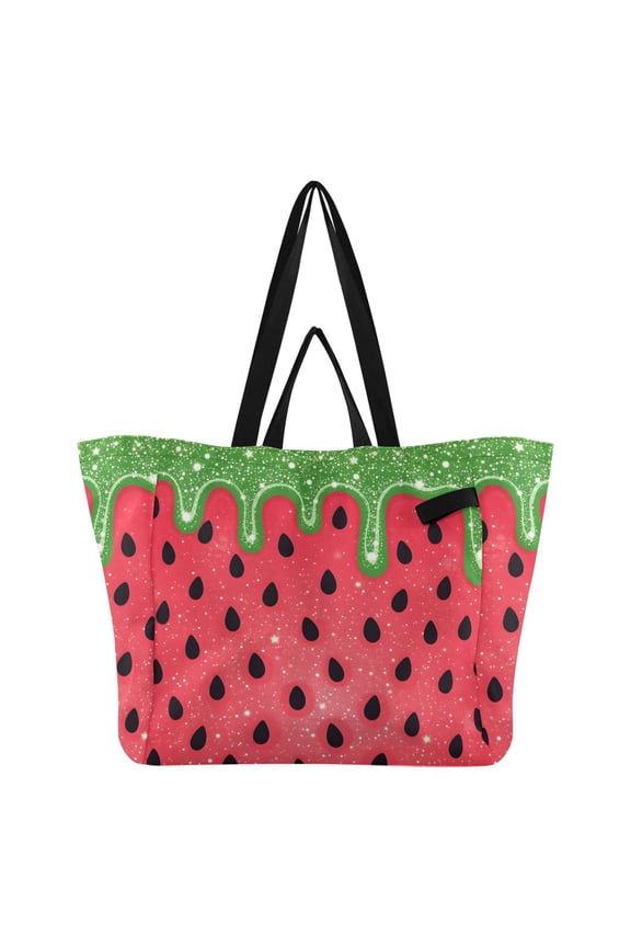 Cute Watermelon with Seeds Foldable Canvas Tote Bags Reusable Grocery Bags Laundry Bags Beach Bag 32L