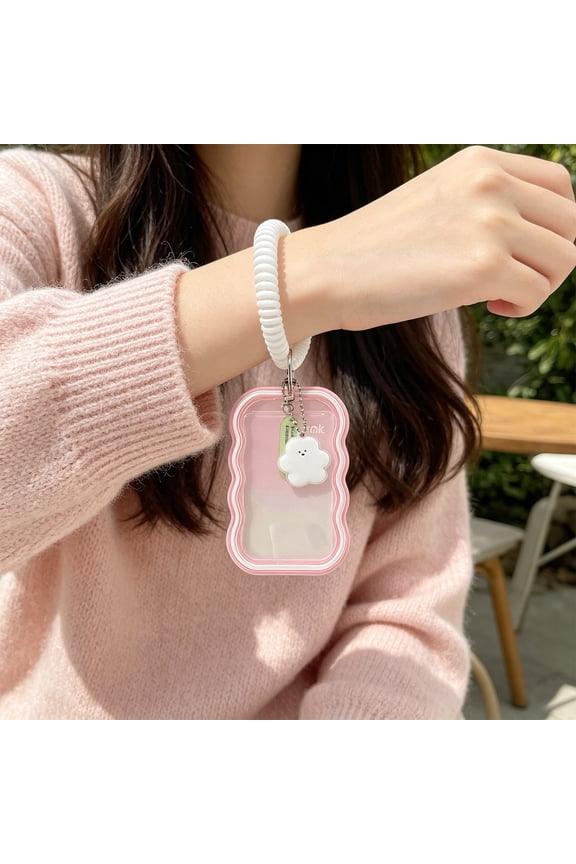 Cute Wave Design ID Card Holder with Stretchable Coil Wrist Strap Clear Plastic Badge Protector Secure Snap Closure Lightweight for Campus Office Daily Commute Accessories