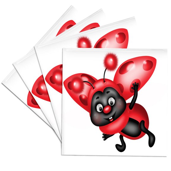 3drose, Cute Waving and Smiling Ladybug Illustration, Set of 4 Ceramic Tile Coasters