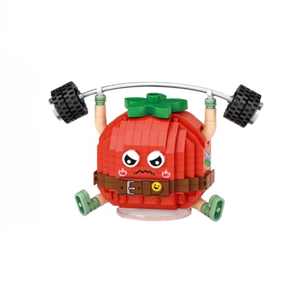 Cute Weightlifting Tomato Character Building Blocks Model, Creative Birthday Gift, Home Office Table Centerpiece