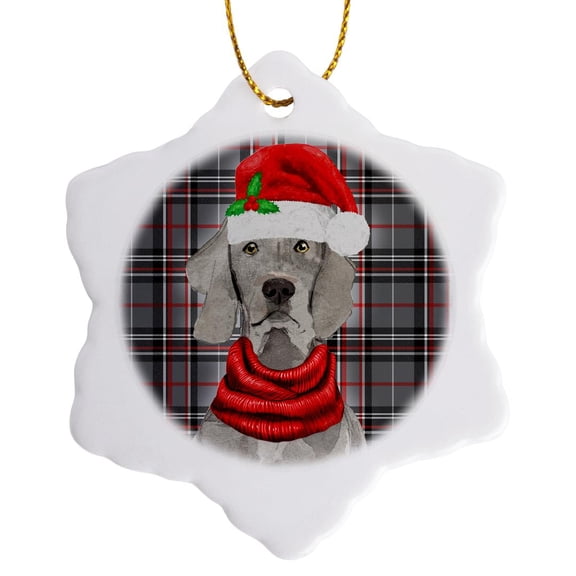 3drose, Cute Weimaraner Holiday Dog on Red and Grey Plaid for Christmas, 3 inch Snowflake Porcelain Ornament
