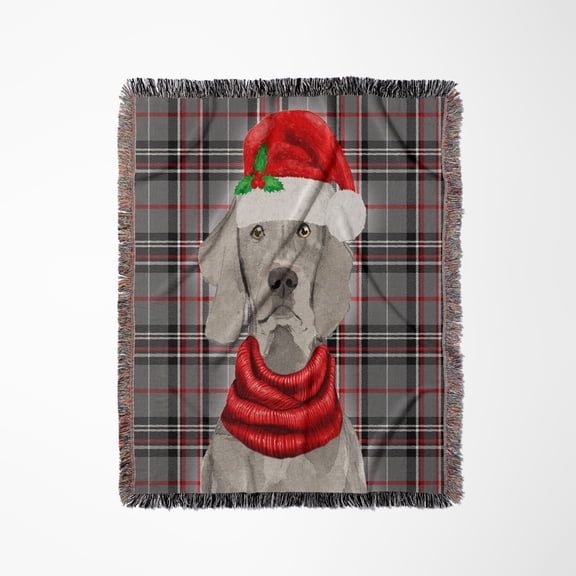 Cute Weimaraner Holiday Dog On Red And Grey Plaid For Christmas, Woven Blanket