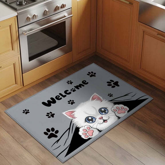 Cute Welcome 2x3 Rug for Entryway Front Door Kitchen Sink Area, Cartoon White Kitten Black Cat Claw Prints Grey Low Pile Washable Non Slip Rectangle Area Rug