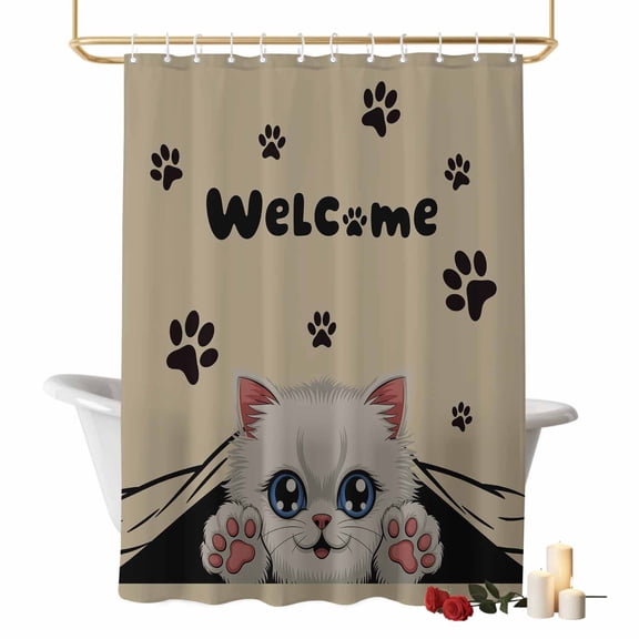 Cute Welcome Bathroom Shower Curtain, Cartoon White Kitten Black Cat Claw Prints Brown Waterproof Washable Soft Bath Curtain for Bathtub Decor with 12 Hooks&Grommet, 54x78 Inch