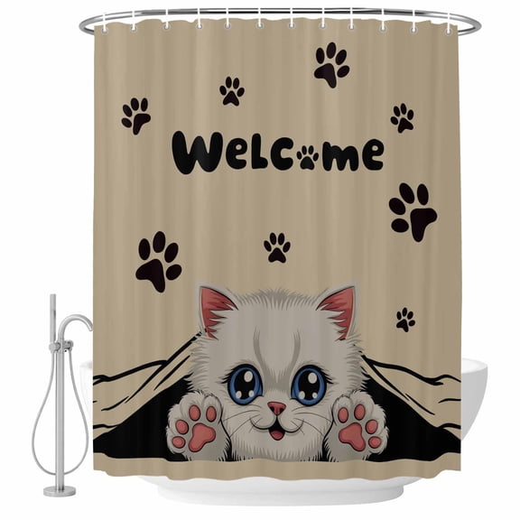 Cute Welcome Bathroom Shower Curtains with Hooks, Cartoon White Kitten Black Cat Claw Prints Brown Waterproof Fabric Washable Shower Curtain for Home Hotel Bathtub Decor 36x72 Inch