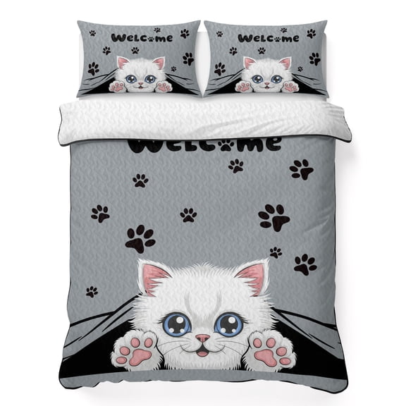 Cute Welcome Full Quilt Bedding Set, Cartoon White Kitten Black Cat Claw Prints Grey Lightweight Comforter with 2 Pillow Shams Bedroom Bedspread Set Home Decor for All Seasons