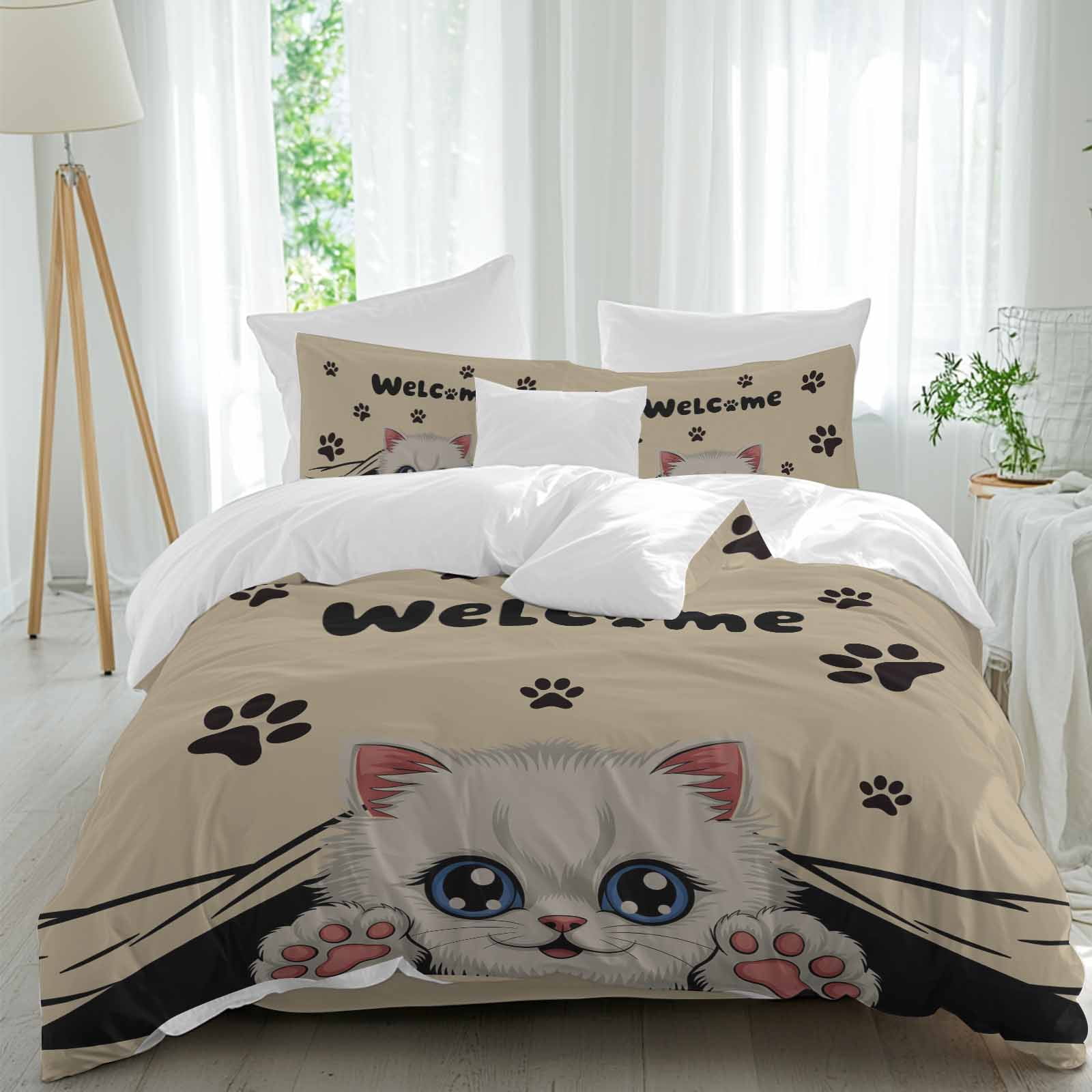 Cute Welcome Full Size Comforter Set, Cartoon White Kitten Black Cat ...