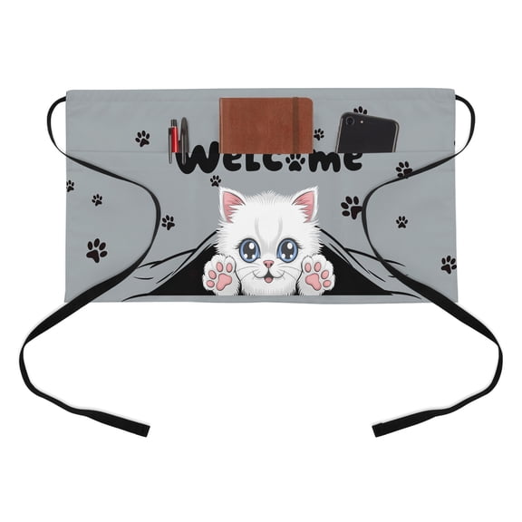 Cute Welcome Kitchen Restaurant Half Waist Apron, Cartoon White Kitten Black Cat Claw Prints Grey Server Short Apron with 3 Pockets Waterproof Oil Waist Aprons for Women Waitress Waiter