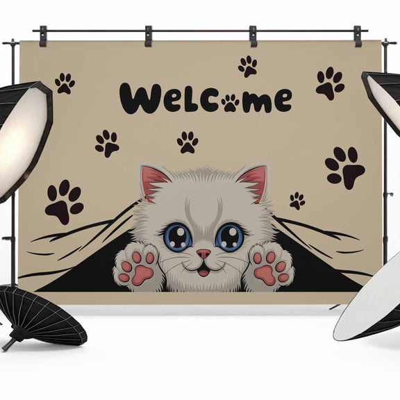 Cute Welcome Photography Backdrop 10x8FT, Cartoon White Kitten Black Cat Claw Prints Brown Photo Backdrops, Background for Photography Studio Photo Studio Background, Back Drop for Photoshoot
