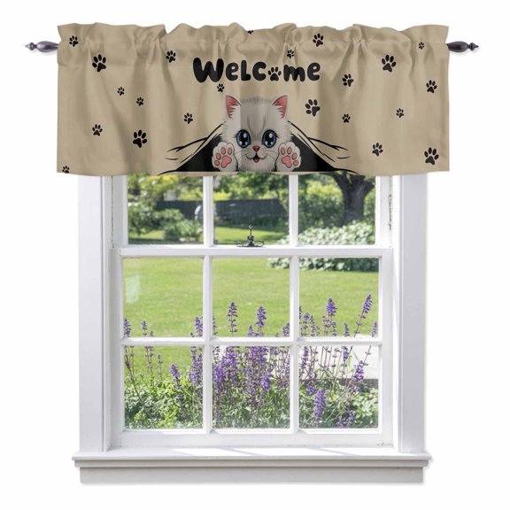 Cute Welcome Valances for Windows Cartoon White Kitten Black Cat Claw Prints Brown Rod Pocket Cafe Window Treatments Valance Curtains for Kitchen Bathroom Laundry Basement Windows 42"x12"