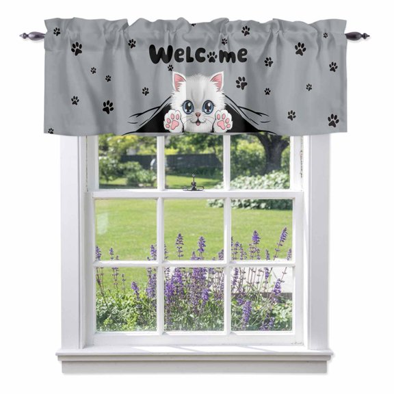Cute Welcome Valances for Windows Cartoon White Kitten Black Cat Claw Prints Grey Rod Pocket Cafe Window Treatments Valance Curtains for Kitchen Bathroom Laundry Basement Windows 42"x12"