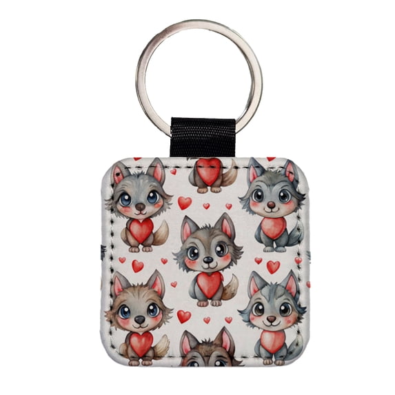 Cute Werewolves Hearts Watercolor Faux Leather Square Keychain