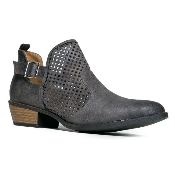 Cute Western Distressed Cowboy Perforated Laser Cut Out Bootie - Women's Pointed Toe Slip on Ankle Boot by J. Adams