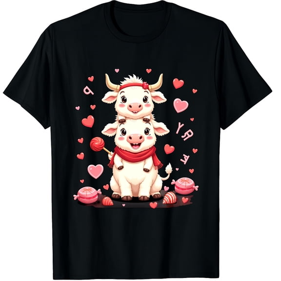 Cute Western Valentine Highland Cows with Hearts Graphic Crew Neck Short Sleeve T-Shirts (Men's, Women's)