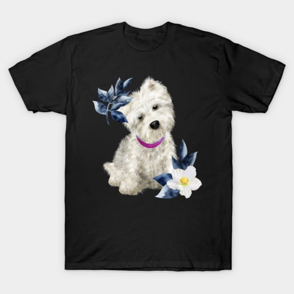 Cute Westie Dog Floral Watercolor Bouquet Botanical Puppy Art Unisex T-Shirt, for men & women, up to size 5XL