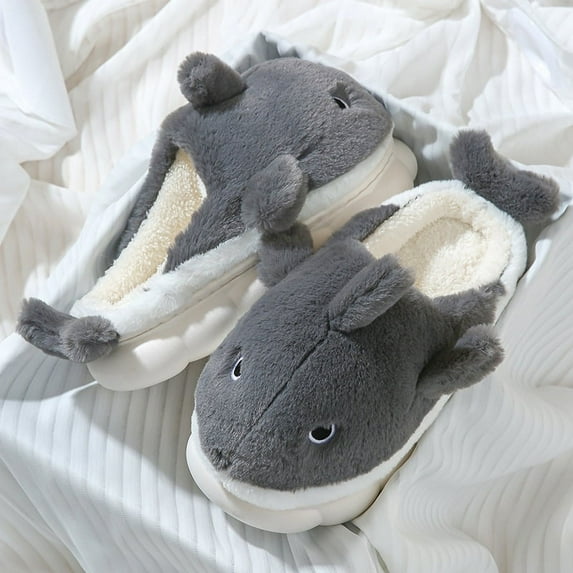 Cute Whale Cotton Slippers Female Couple Winter Couple Indoor Home Men's Winter Cartoon Warm Wool Soft Non-slip Slippers (B,42-43)