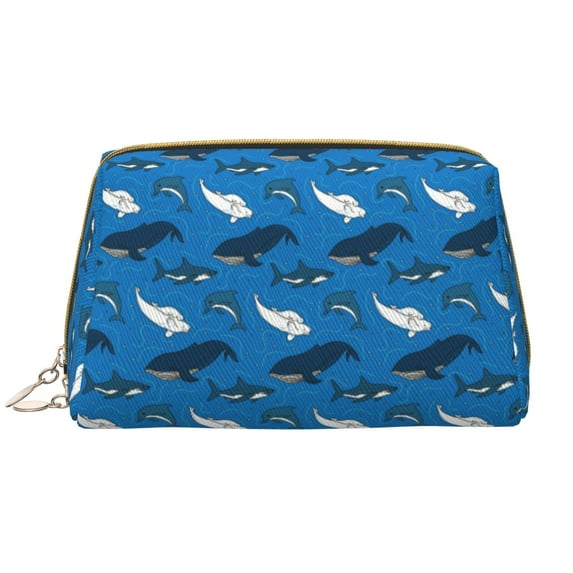 Cute Whale Dolphin Shark Makeup Bag, Large Capacity Travel Cosmetic Bag for Women Girls- Travel Toiletry Bag Leather Portable Waterproof Makeup Case Organizer with Handle