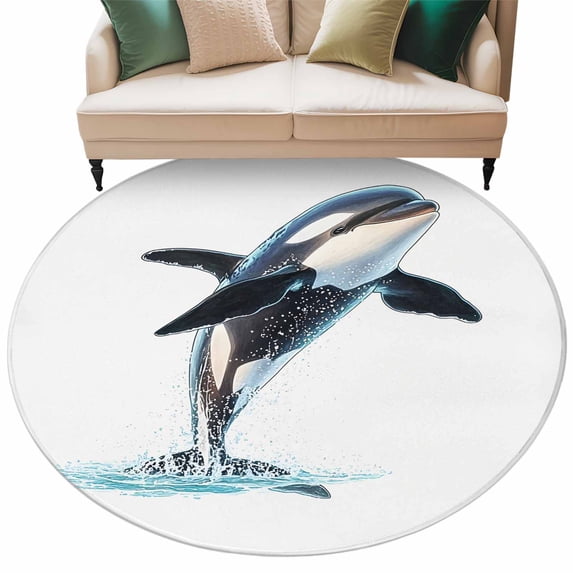 Cute Whale Round Area&nbsp;Rug 5ft Watercolor Killer Whale Non-Slip&nbsp;Washable Circle Rugs Soft Felt Indoor Floor Mat for Bedroom Kitchen Living Room Bathroom
