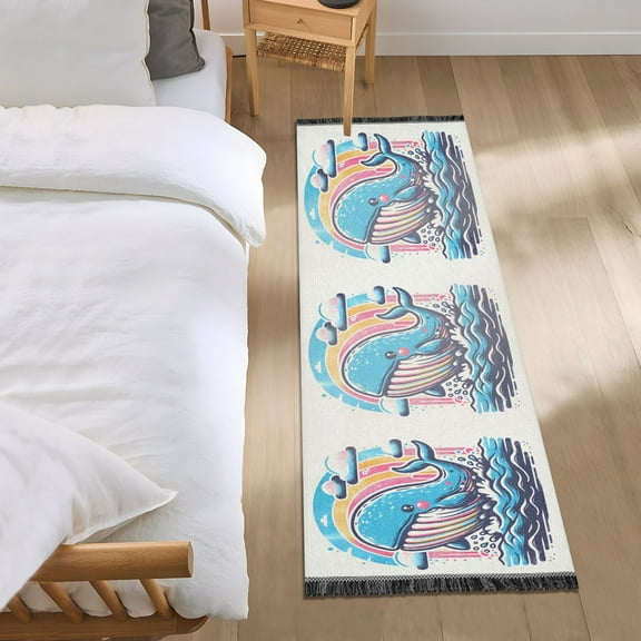 Cute Whale on Sea Runner Area Rug 2x6 Soft Non-Slip Washable Bedside Carpet for Hallway Bedroom Living Room Home Decor