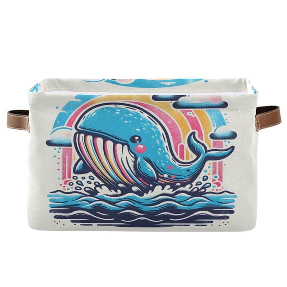 Cute Whale on Sea Storage Bins with Handle Fabric Organizer Basket Foldable Box 1 Pack 14.2x10.2x8.3