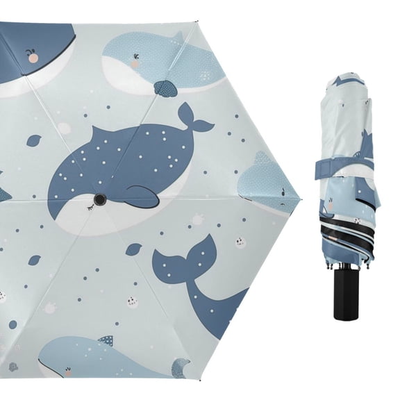 Cute Whales Cartoon All Weather Umbrella Triple Folding Parasol 6 Ribs UV Protection Portable