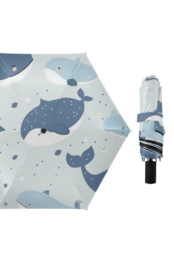 Cute Whales Cartoon All Weather Umbrella Triple Folding Parasol 6 Ribs UV Protection Portable