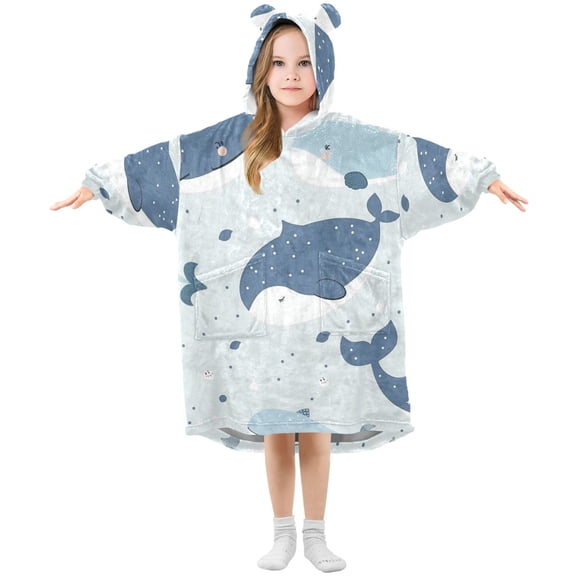 Cute Whales Cartoon Flannel Wearable Blankets Hooded Design Long Sleeves Wrap Unisex for 3T-14Y S