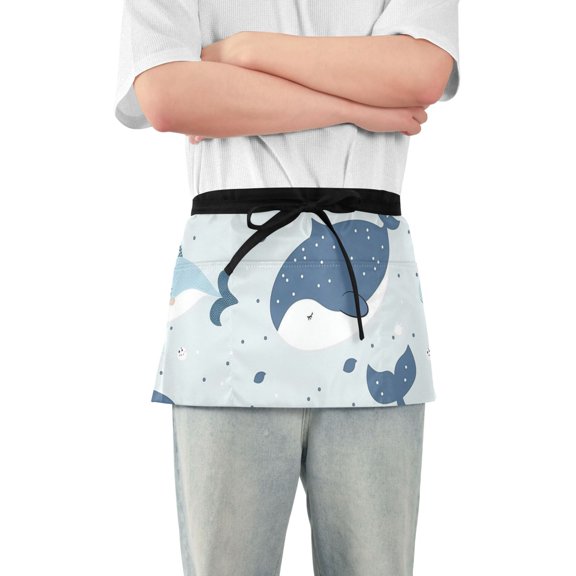 Cute Whales Cartoon Short Server Apron with 3 Pockets for Unisex Chef Gardening