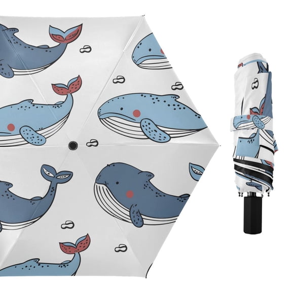 Cute Whales Hand Painted Style All Weather Umbrella Triple Folding Parasol 6 Ribs UV Protection Portable