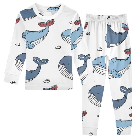 Cute Whales Hand Painted Style Cotton Pajama Set Long Sleeve Top and Pants Sleepwear Unisex 24M