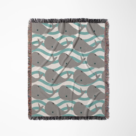 Cute Whales On The Waves Print, Woven Blanket