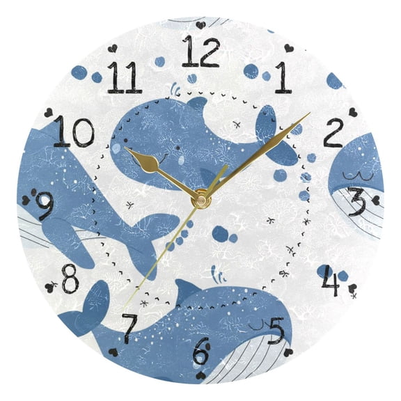 Cute Whales Round Wall Clock Silent Analog Battery Operated Gold Pointer Home Decor 9.84" Diameter