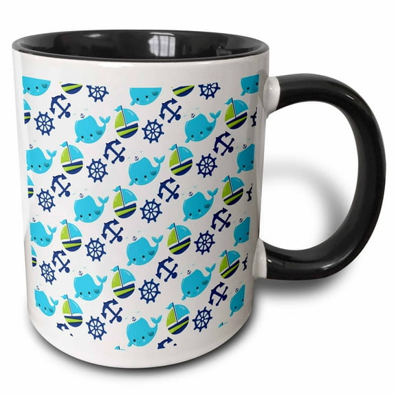 3drose, Cute Whales, Sail Boats, Sailing Wheels, Sailing Anchors Pattern, 11oz Two-tone Black Mug