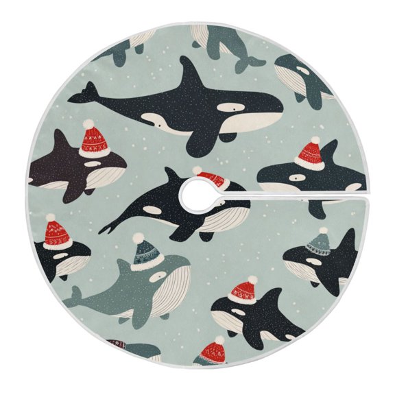 Cute Whales Wear Christmas Hats Christmas Tree Skirt Opening Design Floor Mat Holiday Decor 35 inch