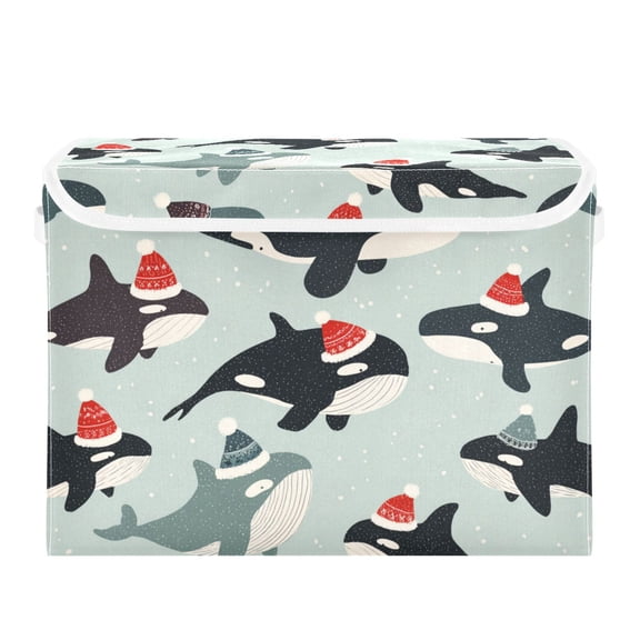 Cute Whales Wear Christmas Hats Foldable Storage Bins with Lids Handles Collapsible Storage Containers Tote Boxes 16.5 x 12.6 x 11.8 inches