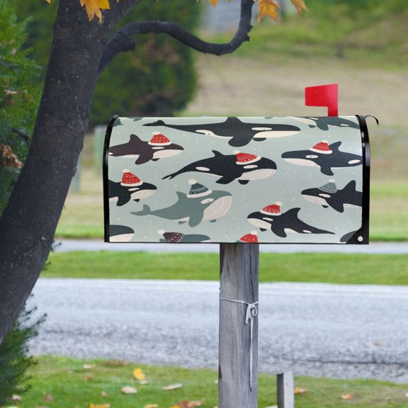 Cute Whales Wear Christmas Hats Magnetic Mailbox Cover Rust Protection Yard Decor 20.7" x 18.03"