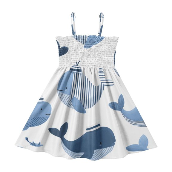 Cute Whales Wear Mariner Suit Girl's Adjustable Cami Dress Casual Sundress Smocked Ruffle A-Line 2T