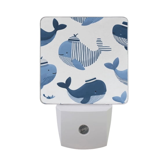 Cute Whales Wear Mariner Suit LED Night Light Sensor Lamp Plug-in Adjustable Brightness 2 Pack
