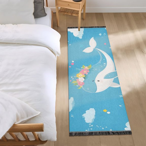 Cute Whales with Garlands Clouds Bedside Runner Rug 2'x 6' Non Slip Carpet Floor Mat Area Rug