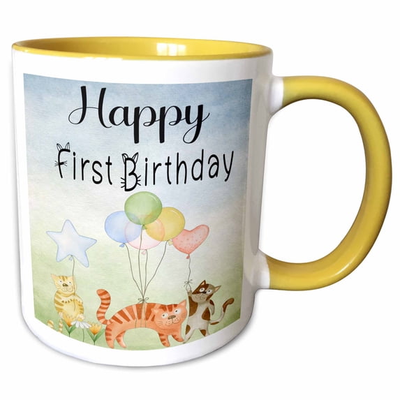 3drose, Cute Whimsical Cats Happy First Birthday, 11oz Two-tone Yellow Mug