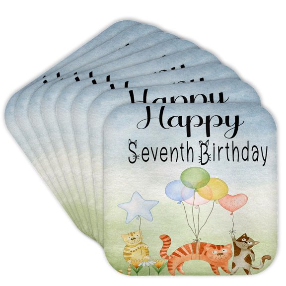 3drose, Cute Whimsical Cats Happy Seventh Birthday, Set of 8 Coasters - Soft