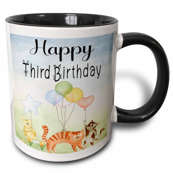 3drose, Cute Whimsical Cats Happy Third Birthday, 11oz Two-tone Black Mug