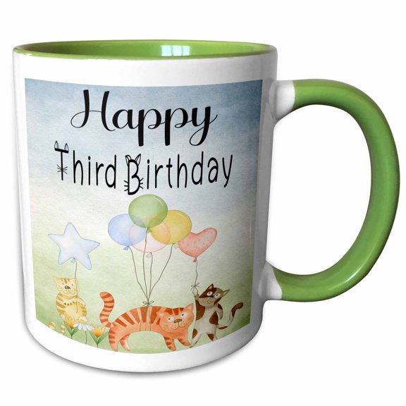 3drose, Cute Whimsical Cats Happy Third Birthday, 15oz Two-tone Green Mug