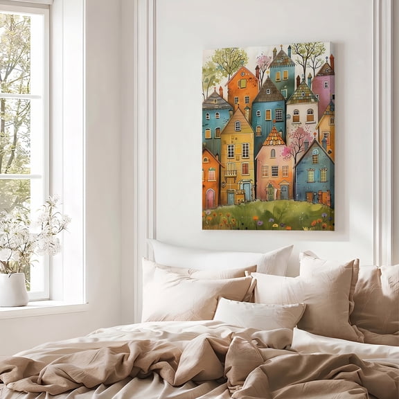 Cute Whimsical Village Houses Canvas Wall Art Cartoon Town Landscape Painting Wall Decor for Kids Room Playroom Nursery Ready to Hang 8*12